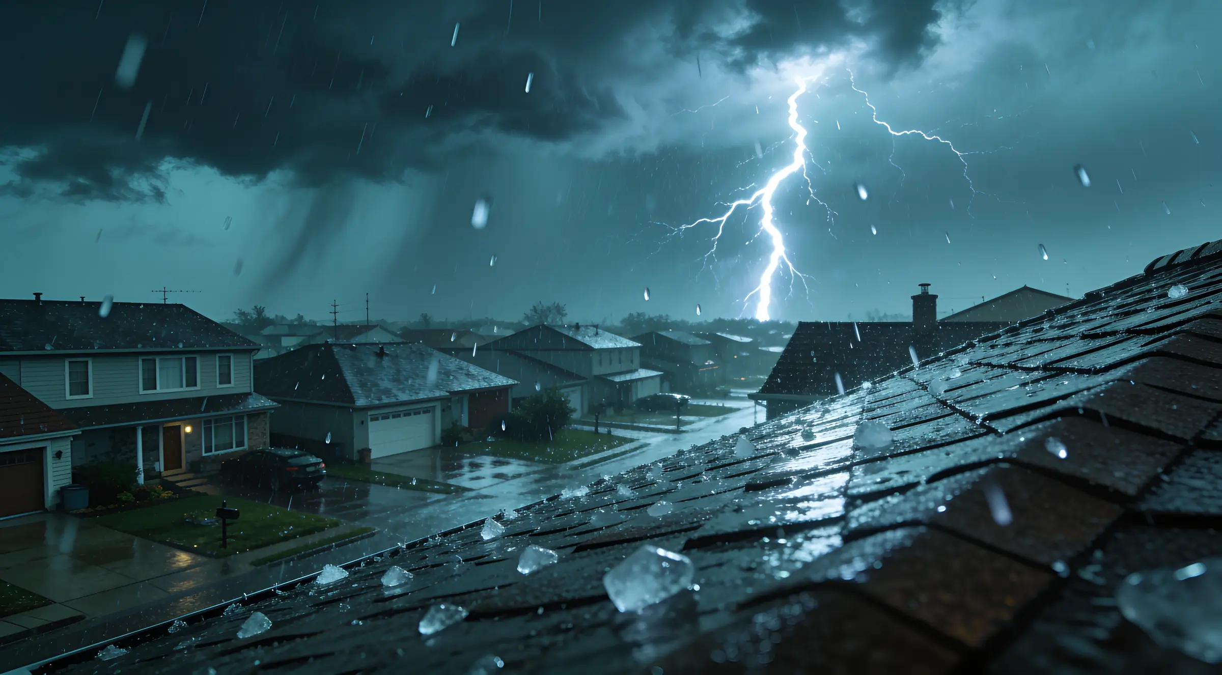 Hail and heavy rain over a Metro Atlanta neighbourhood at night, lightning behind the rooflines