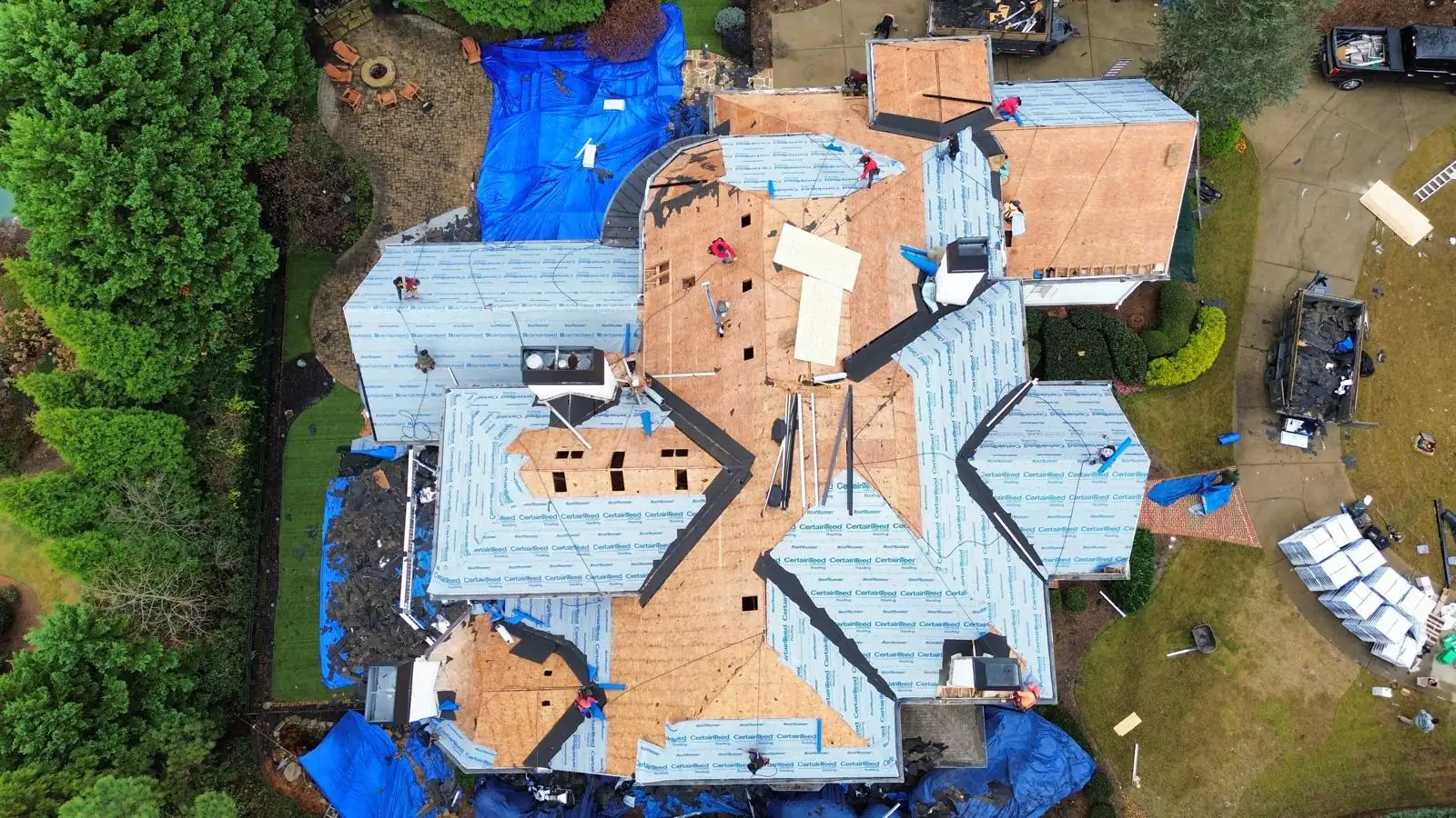 The decking exposed across the main field before the new roof went on